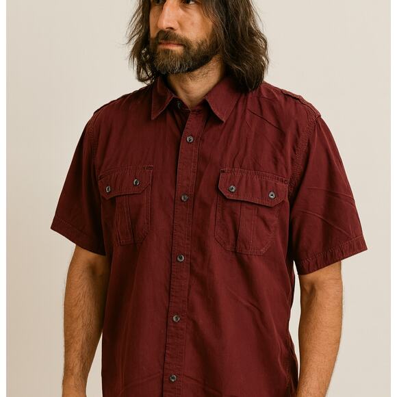 Maroon i jeans by buffalo sz XL (fit small) stretch button up captain shirt EUC - Picture 1 of 7